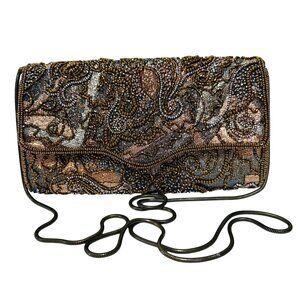 Vintage Delill Beaded Evening Clutch Bag W/ Chain Strap - Multicolor Paisley Des